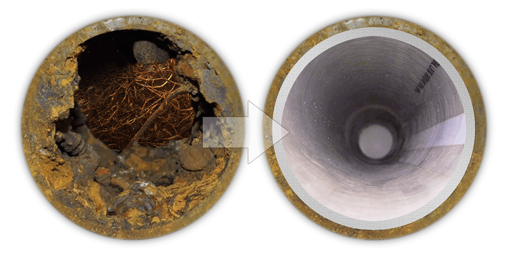 Side by side comparison of pipe interior before and after trenchless pipelining service.