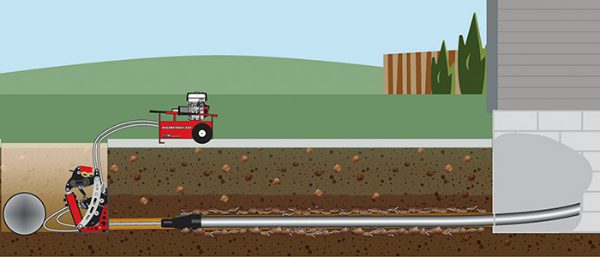 Pipe bursting sewer line replacement illustration